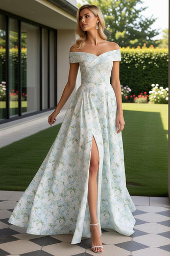 Blue and White Flower Off the Shoulder Long Prom Dress with Slit