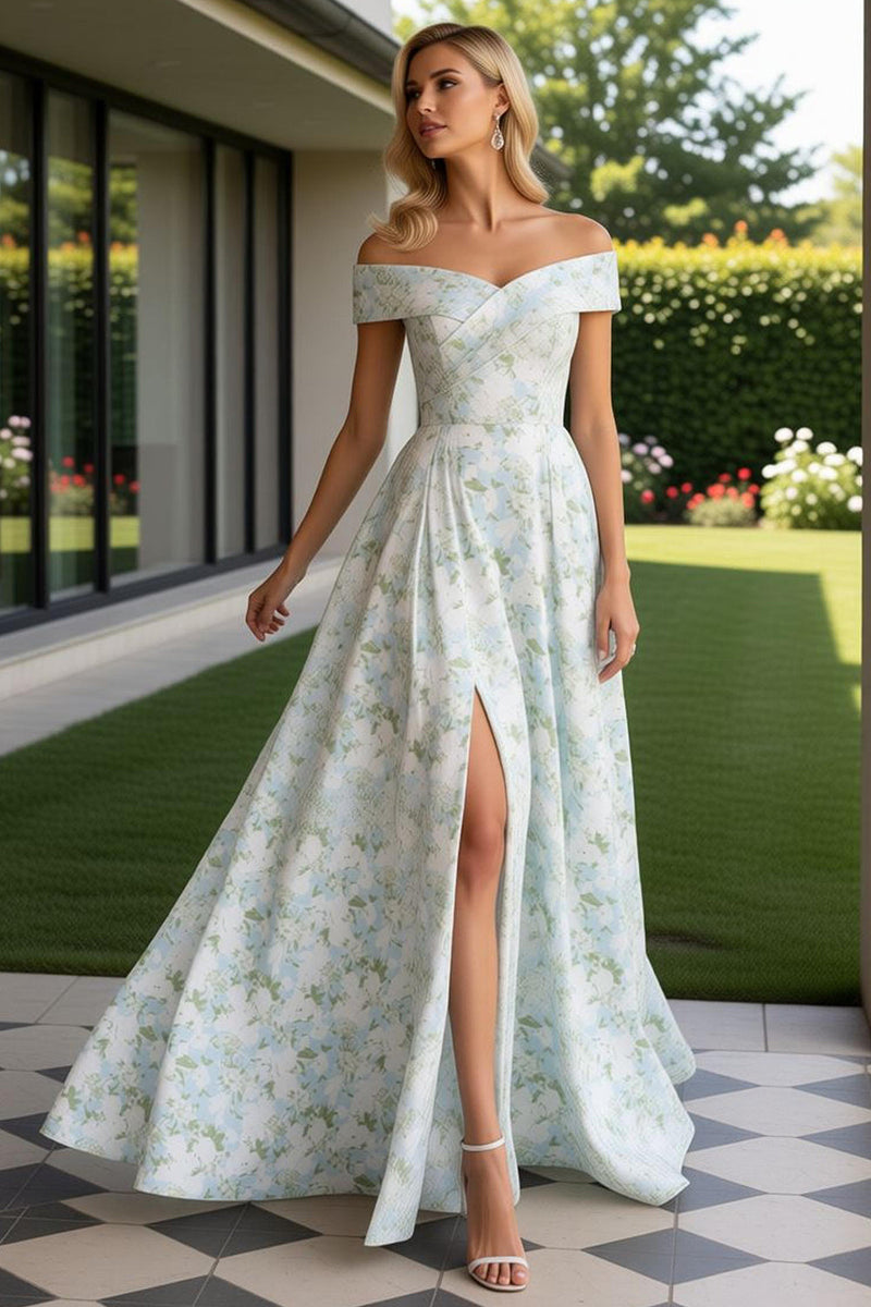 Load image into Gallery viewer, Blue and White Flower Off the Shoulder Long Prom Dress with Slit