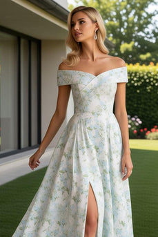 Blue and White Flower Off the Shoulder Long Prom Dress with Slit