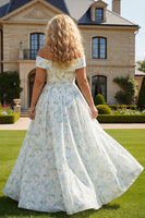 Load image into Gallery viewer, Off the Shoulder Blue and White Flower Plus Size Long Prom Dress with Slit