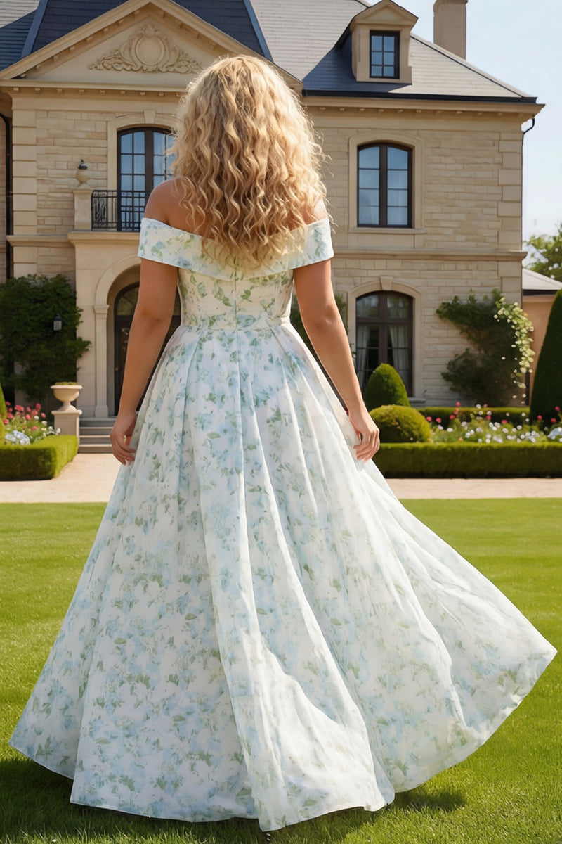 Load image into Gallery viewer, Off the Shoulder Blue and White Flower Plus Size Long Prom Dress with Slit