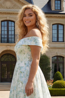 Load image into Gallery viewer, Off the Shoulder Blue and White Flower Plus Size Long Prom Dress with Slit
