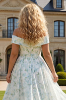 Load image into Gallery viewer, Off the Shoulder Blue and White Flower Plus Size Long Prom Dress with Slit