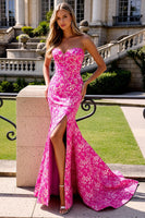Load image into Gallery viewer, Fuchsia Flower Maxi Mermaid Prom Dress with Slit