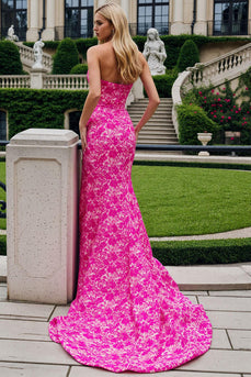 Fuchsia Flower Maxi Mermaid Prom Dress with Slit