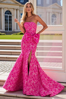 Load image into Gallery viewer, Fuchsia Flower Mermaid Long Prom Dress with Bow