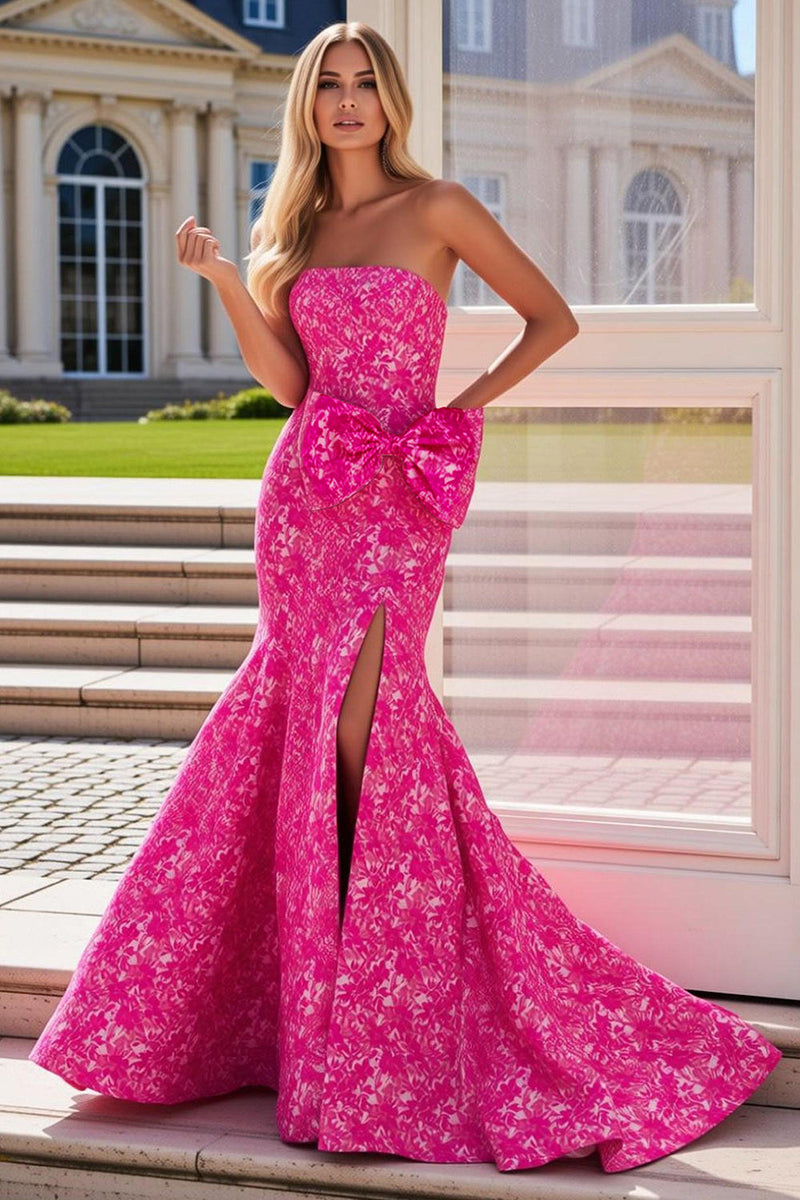 Load image into Gallery viewer, Fuchsia Flower Mermaid Long Prom Dress with Bow