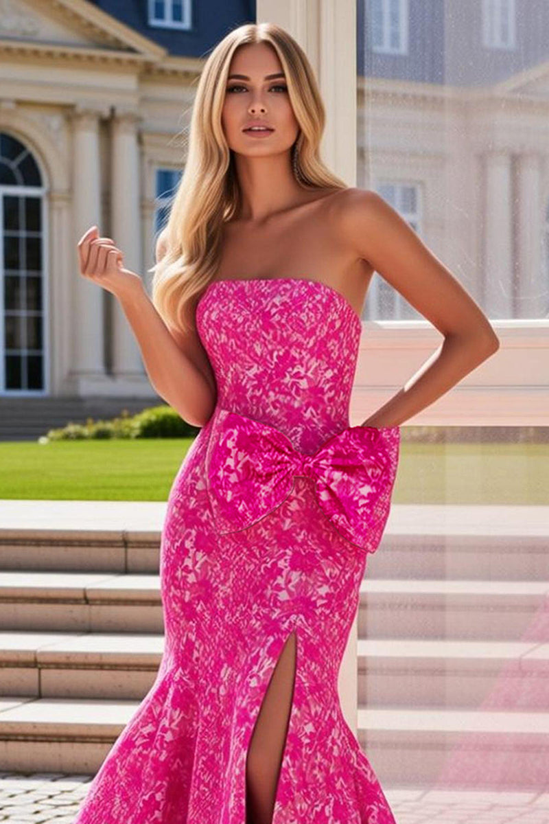 Load image into Gallery viewer, Fuchsia Flower Mermaid Long Prom Dress with Bow
