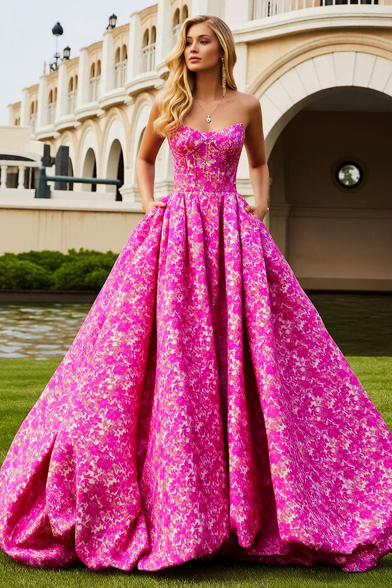 Load image into Gallery viewer, Fuchsia Flower A Line Long Corset Prom Dress