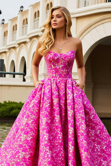 Fuchsia Flower A Line Long Corset Prom Dress