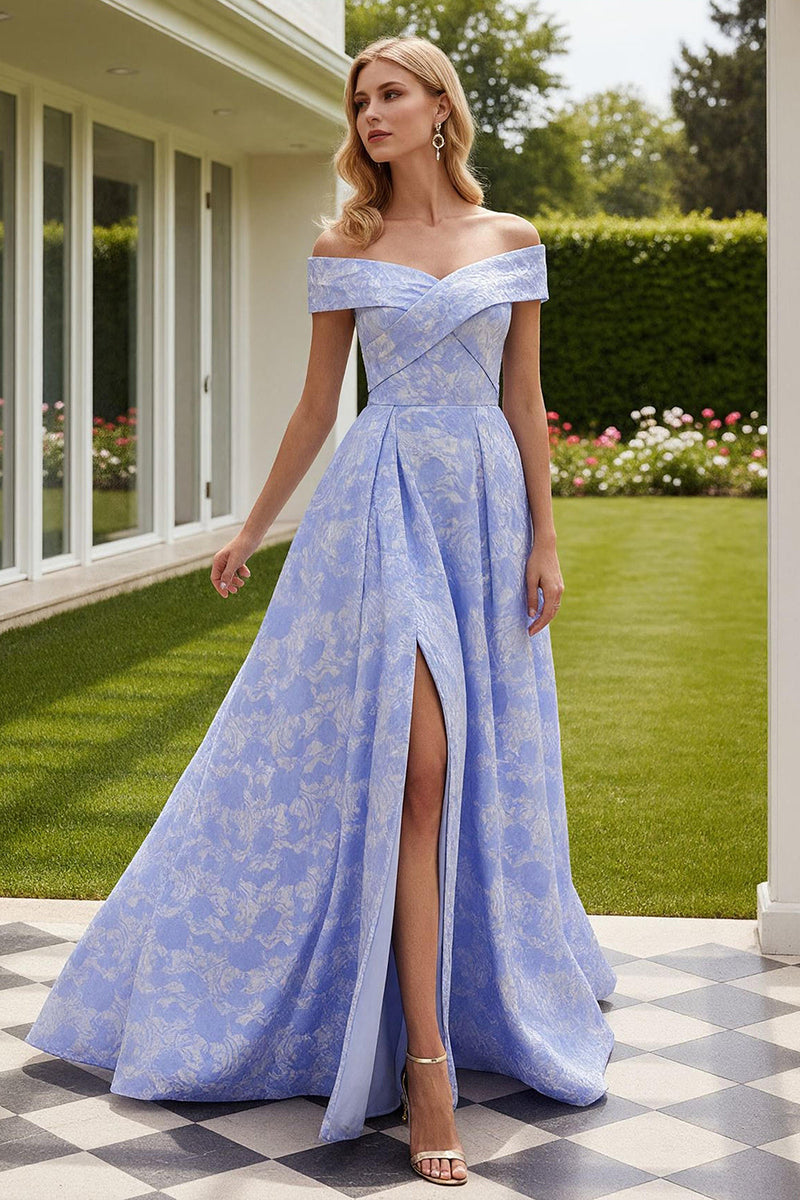 Load image into Gallery viewer, Light Blue A-Line Floral Long Prom Dress with Slit