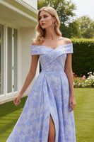 Load image into Gallery viewer, Light Blue A-Line Floral Long Prom Dress with Slit