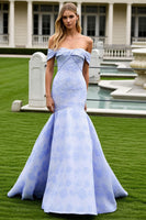 Load image into Gallery viewer, Light Blue Floral Long Off the Shoulder Mermaid Prom Dress