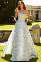 Load image into Gallery viewer, Blue and White A-Line Flower Strapless Long Prom Dress