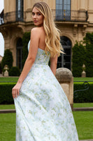 Load image into Gallery viewer, Blue and White A-Line Flower Strapless Long Prom Dress