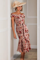 Load image into Gallery viewer, Dusty Rose Off the Shoulder Floral Midi Mermaid Mother of the Bride Dress