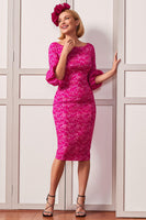 Load image into Gallery viewer, Fuchsia Floral Bodycon Boat Neck Midi Mother of the Bride Dress with Sleeves