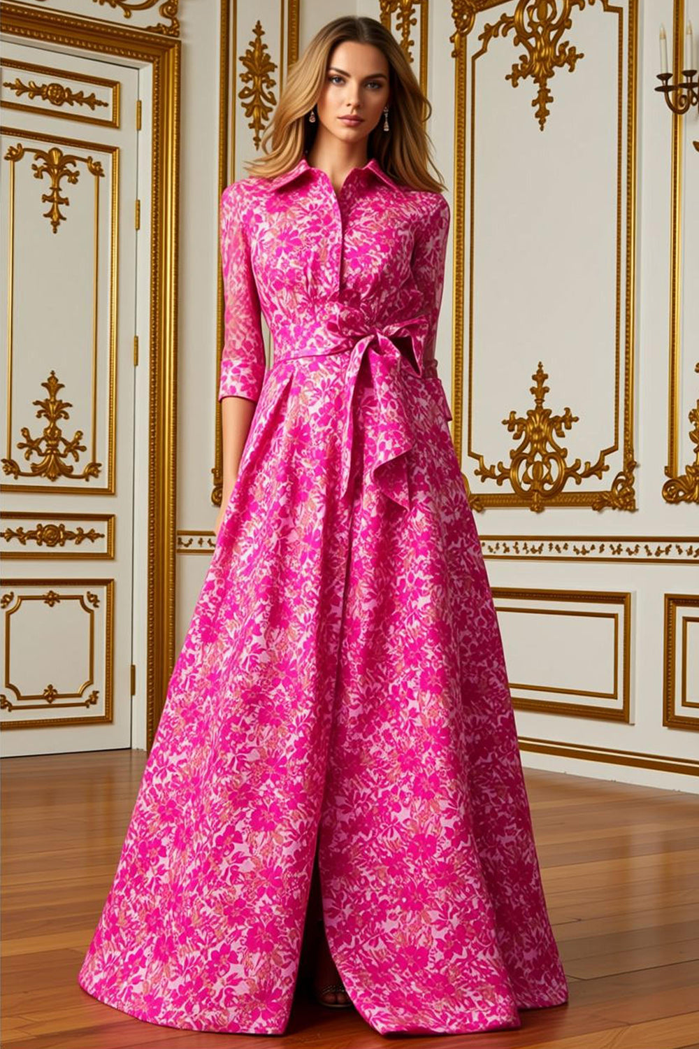 Fuchsia Lapel Neck Floral Long Mother of the Bride Dress with Bow