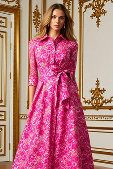Fuchsia Lapel Neck Floral Long Mother of the Bride Dress with Bow
