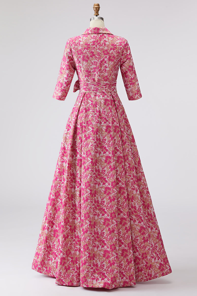 Load image into Gallery viewer, Fuchsia Lapel Neck Floral Long Mother of the Bride Dress with Bow
