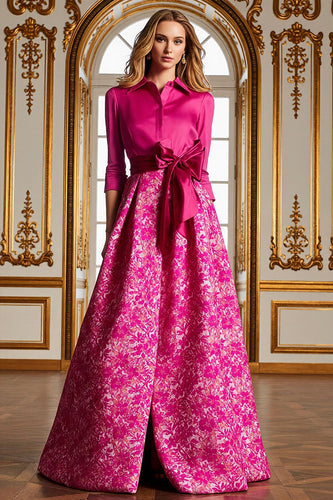 Fuchsia Lapel Neck Floral Long A Line Mother of the Bride Dress with Slit