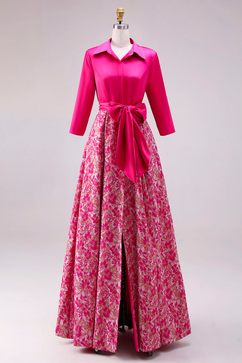 Load image into Gallery viewer, Fuchsia Lapel Neck Floral Long A Line Mother of the Bride Dress with Slit