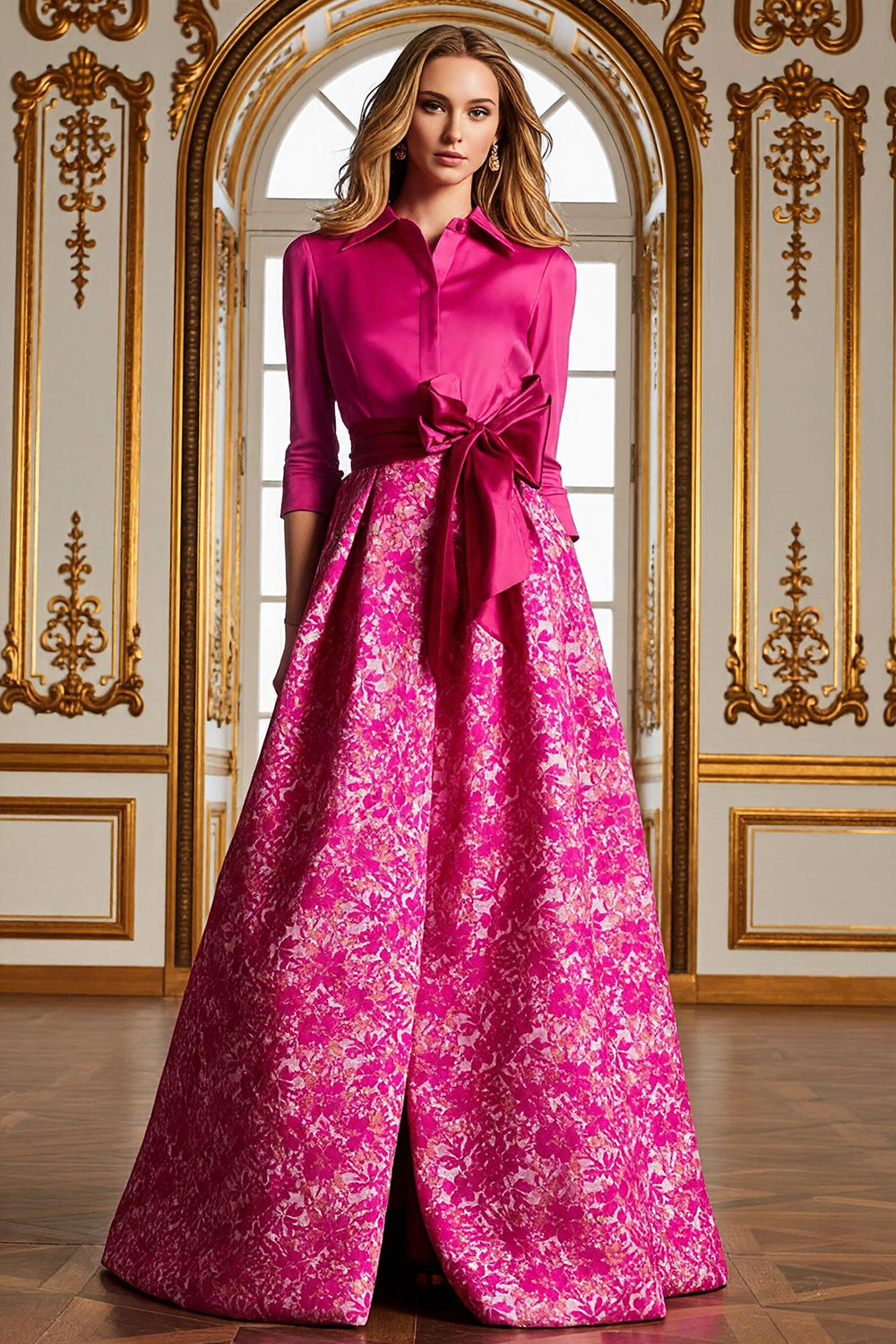 Fuchsia Lapel Neck Floral Long A Line Mother of the Bride Dress with Slit