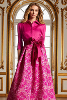 Load image into Gallery viewer, Fuchsia Lapel Neck Floral Long A Line Mother of the Bride Dress with Slit