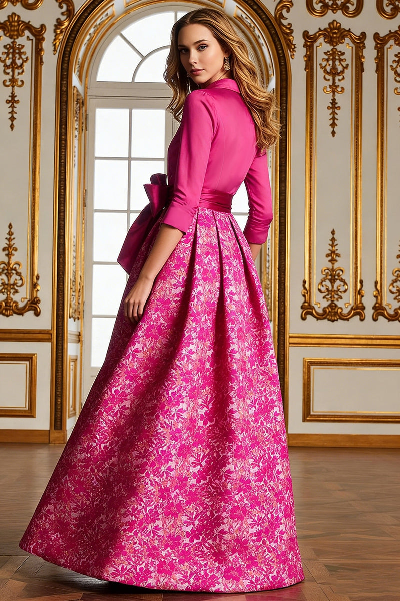 Load image into Gallery viewer, Fuchsia Lapel Neck Floral Long A Line Mother of the Bride Dress with Slit