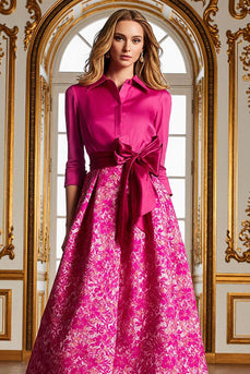 Fuchsia Lapel Neck Floral Long A Line Mother of the Bride Dress with Slit