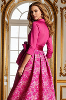 Load image into Gallery viewer, Fuchsia Lapel Neck Floral Long A Line Mother of the Bride Dress with Slit