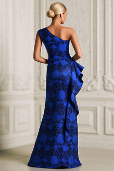 Royal Blue Ruffled Mermaid Floral Long Mother of the Bride Dress with Slit