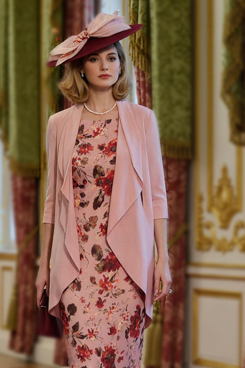 Load image into Gallery viewer, 2 Piece Dusty Rose Bodycon Floral Midi Mother of the Bride Dress with Jacket