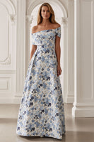 Load image into Gallery viewer, Blue Floral A-Line Off the Shoulder Long Mother of the Bride Dress
