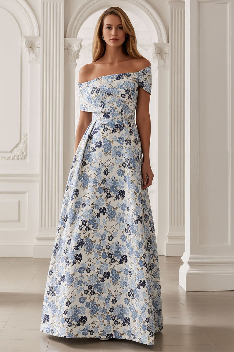 Load image into Gallery viewer, Blue Floral A-Line Off the Shoulder Long Mother of the Bride Dress