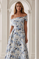 Load image into Gallery viewer, Blue Floral A-Line Off the Shoulder Long Mother of the Bride Dress