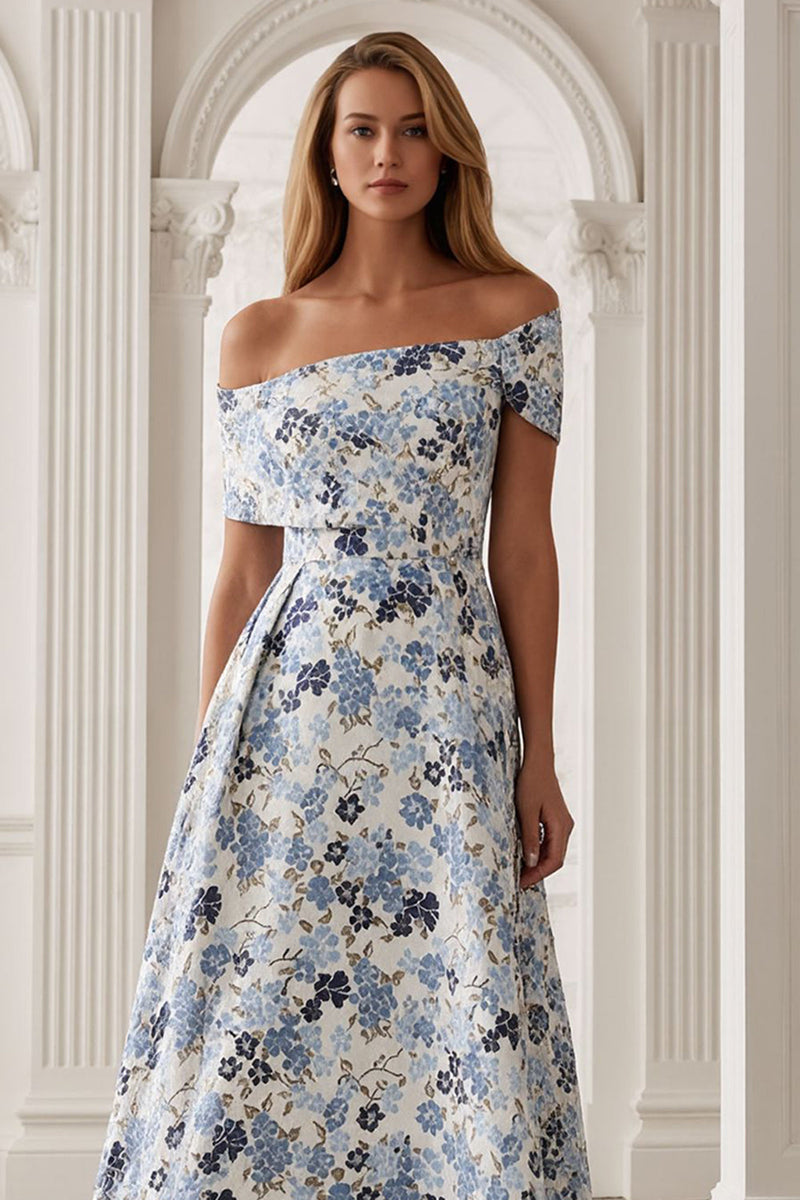 Load image into Gallery viewer, Blue Floral A-Line Off the Shoulder Long Mother of the Bride Dress