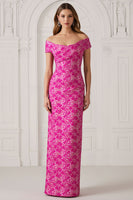 Load image into Gallery viewer, Floral Fuchsia Off the Shoulder Jacquard Long Mother of the Bride Dress
