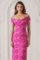 Load image into Gallery viewer, Floral Fuchsia Off the Shoulder Jacquard Long Mother of the Bride Dress