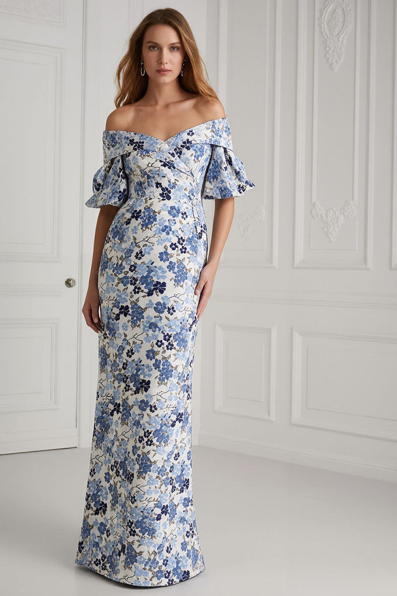 Load image into Gallery viewer, Blue Floral Off the Shoulder Mermaid Long Mother of the Bride Dress