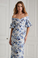 Load image into Gallery viewer, Blue Floral Off the Shoulder Mermaid Long Mother of the Bride Dress