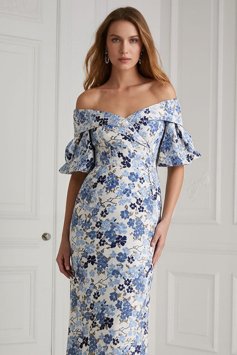 Load image into Gallery viewer, Blue Floral Off the Shoulder Mermaid Long Mother of the Bride Dress