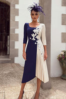 Load image into Gallery viewer, Navy and Ivory Floral Scoop Neck Midi Mother of the Bride Dress with Appliques