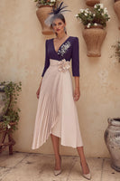 Load image into Gallery viewer, Purple V-Neck Midi Pleated Mother of the Bride Dress with Sleeves