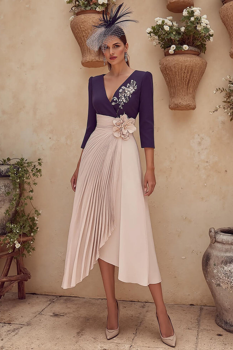 Load image into Gallery viewer, Purple V-Neck Midi Pleated Mother of the Bride Dress with Sleeves
