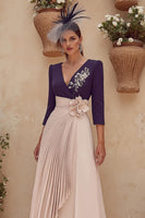 Load image into Gallery viewer, Purple V-Neck Midi Pleated Mother of the Bride Dress with Sleeves