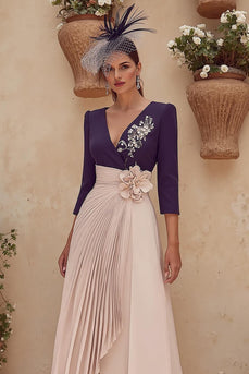 Purple V-Neck Midi Pleated Mother of the Bride Dress with Sleeves
