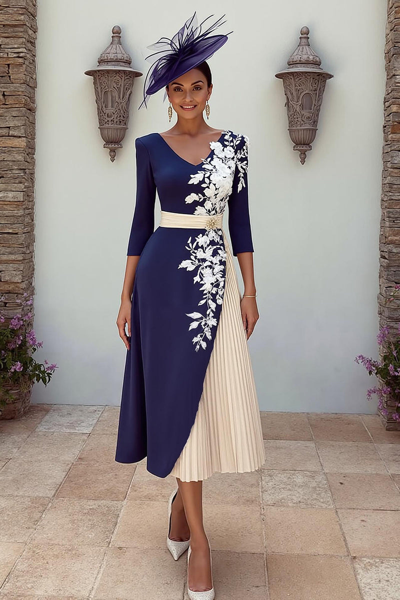 Load image into Gallery viewer, Navy V-Neck Floral Pleated MIdi Mother of the Bride Dress with Appliques
