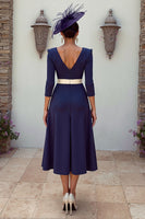 Load image into Gallery viewer, Navy V-Neck Floral Pleated MIdi Mother of the Bride Dress with Appliques
