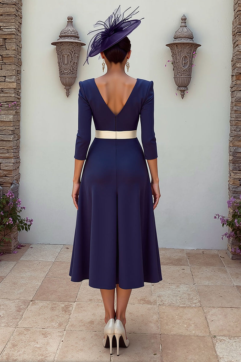 Load image into Gallery viewer, Navy V-Neck Floral Pleated MIdi Mother of the Bride Dress with Appliques